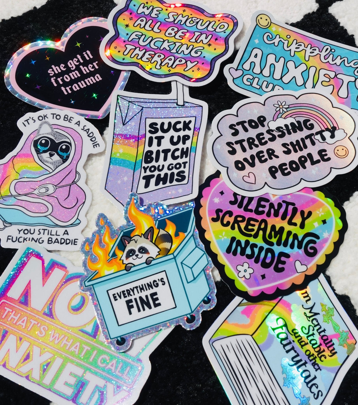 Funny Assorted mental health stickers with animal characters, speech bubbles, and rainbows