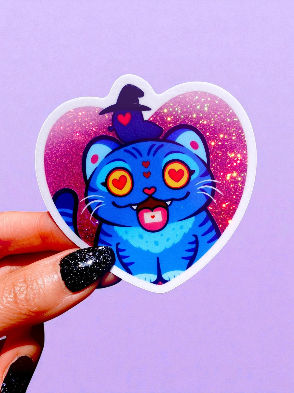 Funny Heart-shaped glitter holographic vinyl sticker of blue demon kitty with heart eyes