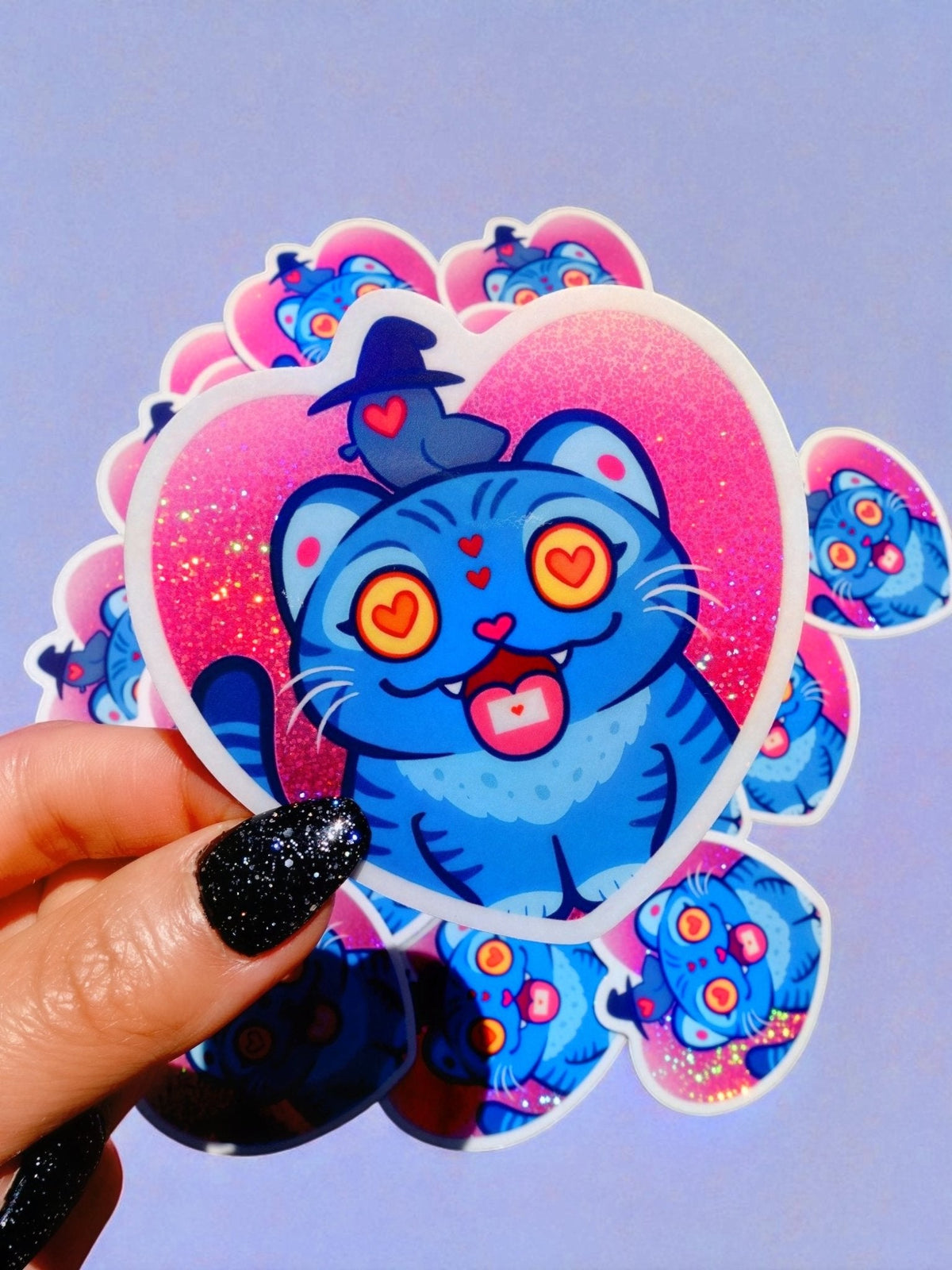 Funny Sheet of glitter holographic vinyl stickers showing blue demon kitty hearts and witch hat