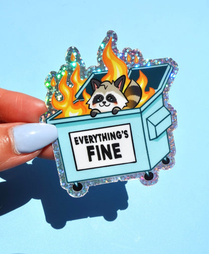 Funny Holographic glitter sticker held by hand: flames, cat and panda, mailbox, 'Everything's Fine'