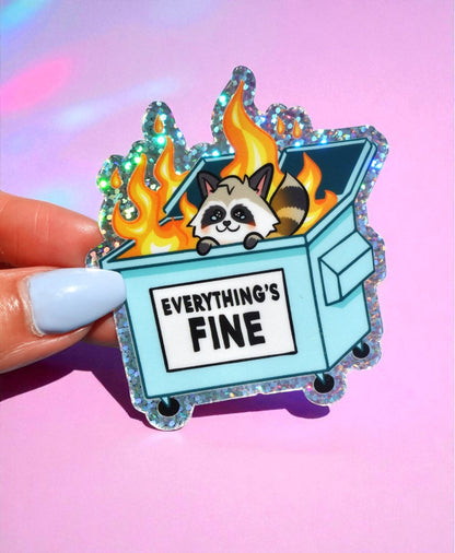 Funny Holographic glitter sticker of cat and panda with flames, mailbox, 'Everything's Fine'