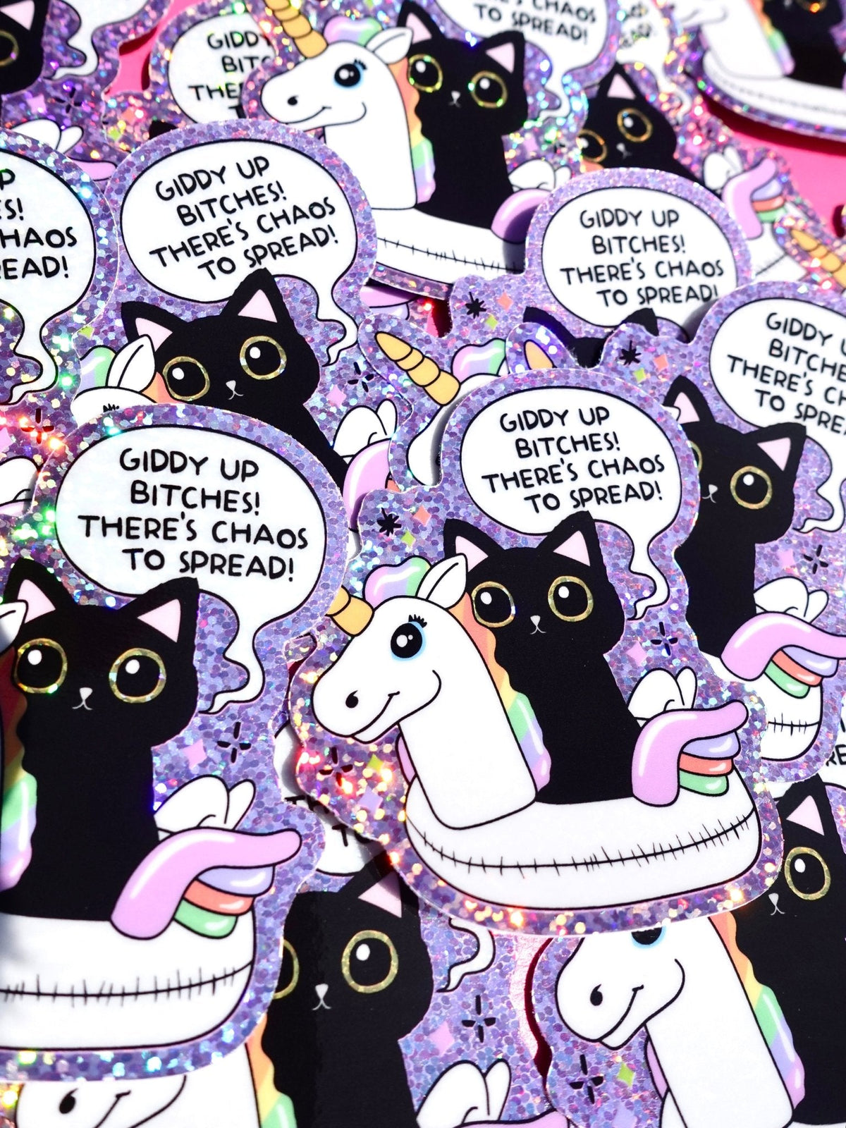 Funny Purple glitter cat and unicorn sticker pack, close-up of 'GIDDY UP' quote badges