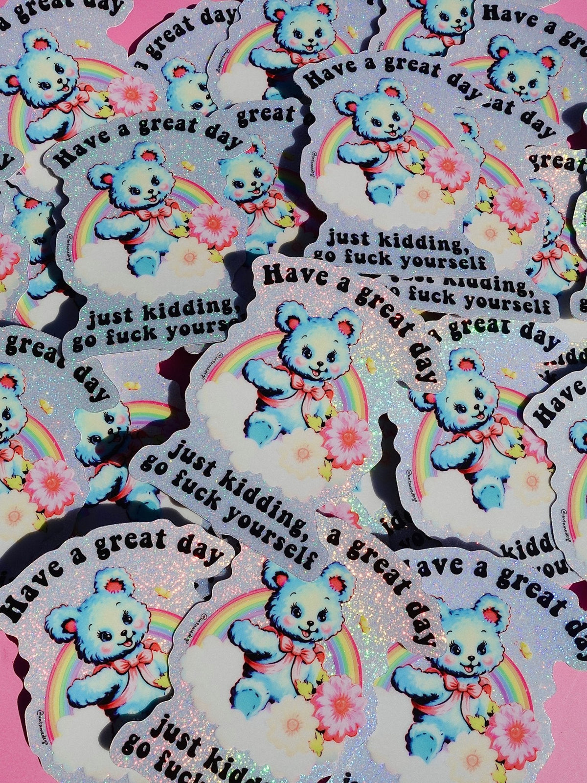 Funny Sheet of glitter stickers showing blue panda with rainbow and flowers, repeating text
