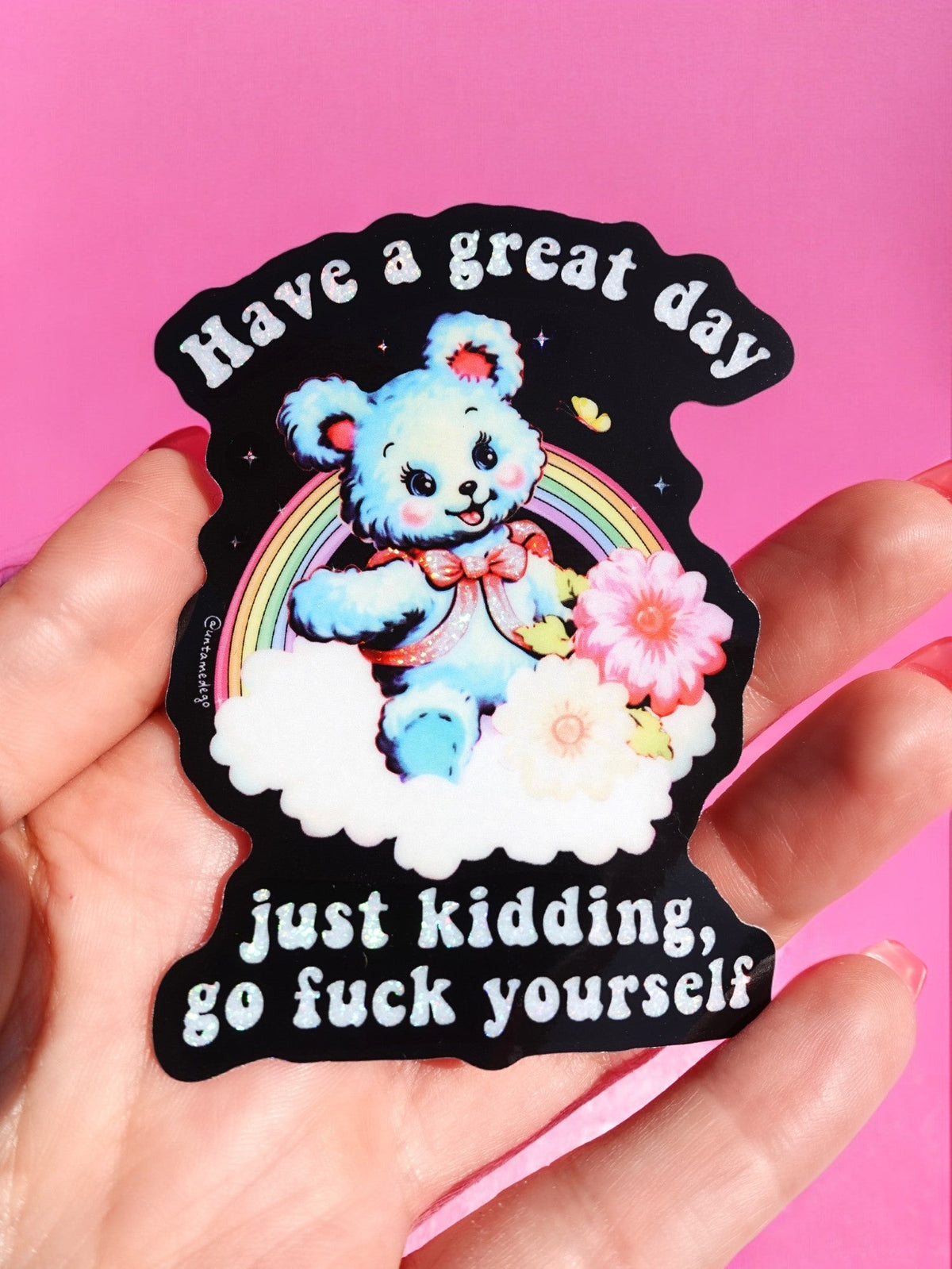 Funny Black sticker of blue panda with rainbow and flowers, text 'Have a great day'