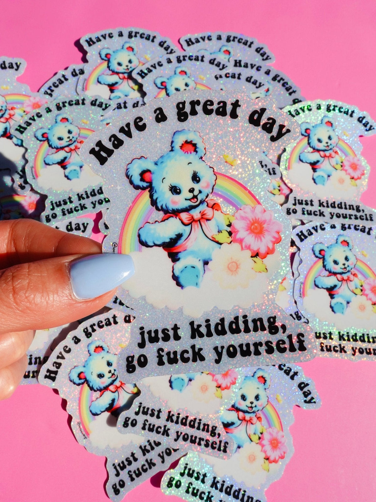 Funny Hand-held glitter sticker with blue panda, rainbow and flowers, phrase 'Have a great day'