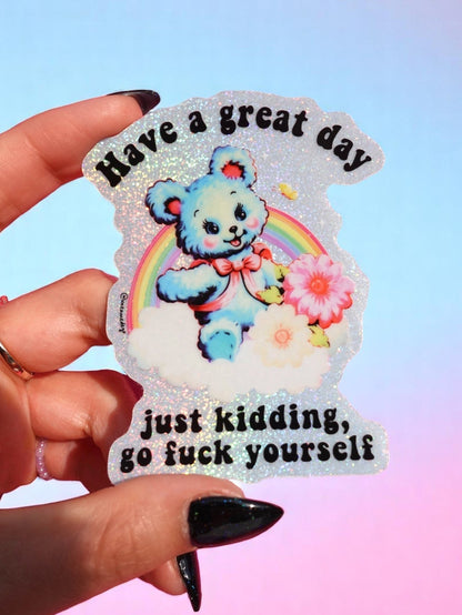 Funny Rainbow glitter sticker with blue panda holding flowers, text 'Have a great day'