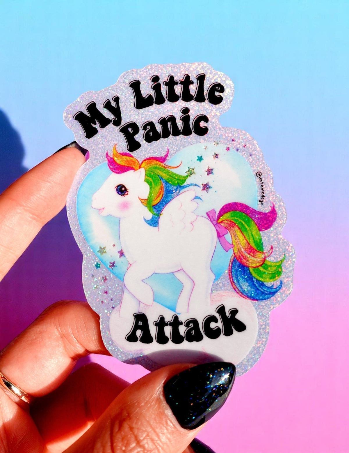 Funny Glitter unicorn sticker with rainbow mane and 'My Little Panic Attack' text.