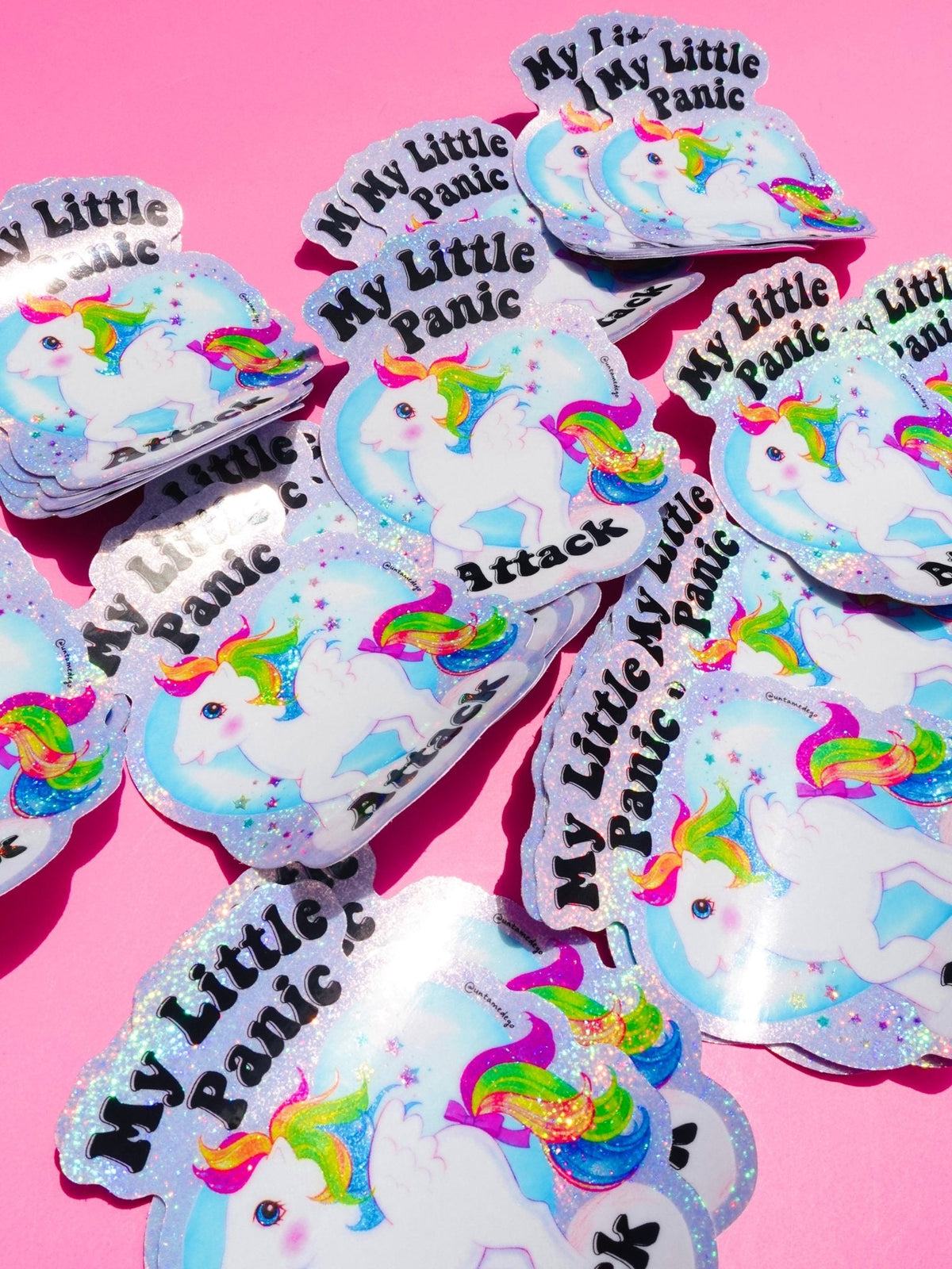Funny Glitter unicorn sticker assortment with rainbow manes and 'My Little Panic Attack' text.