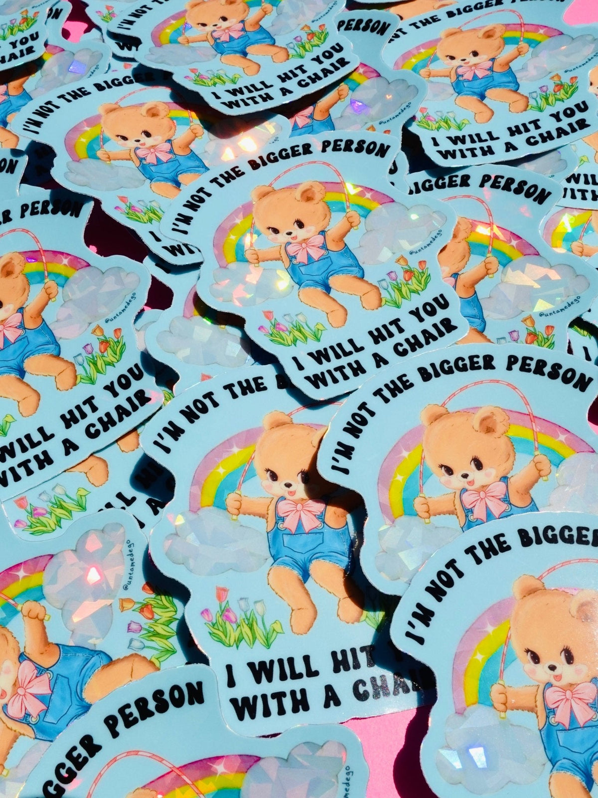Funny Assorted teddy bear quote stickers with rainbow, clouds, and flowers