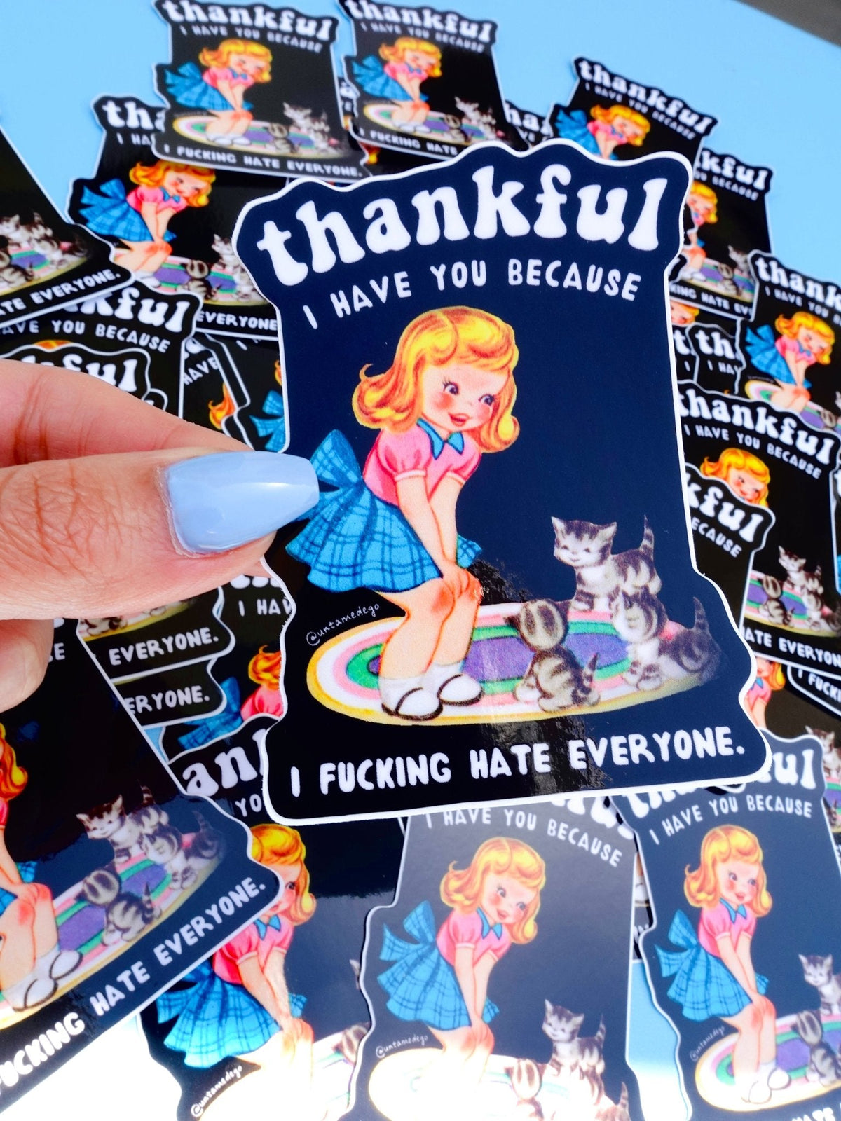 Funny Pack of thankful cat stickers on black, red-haired woman with cats, 'I have you because' phrase