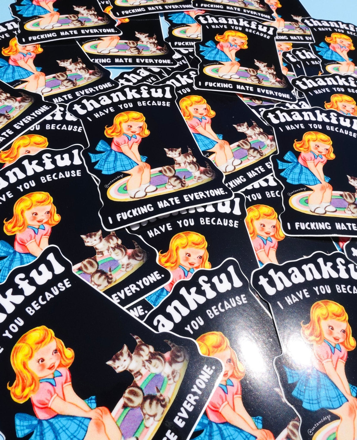 Funny Thankful cat sticker sheets with multiple black designs, red-haired woman, cats, and 'I have you because'