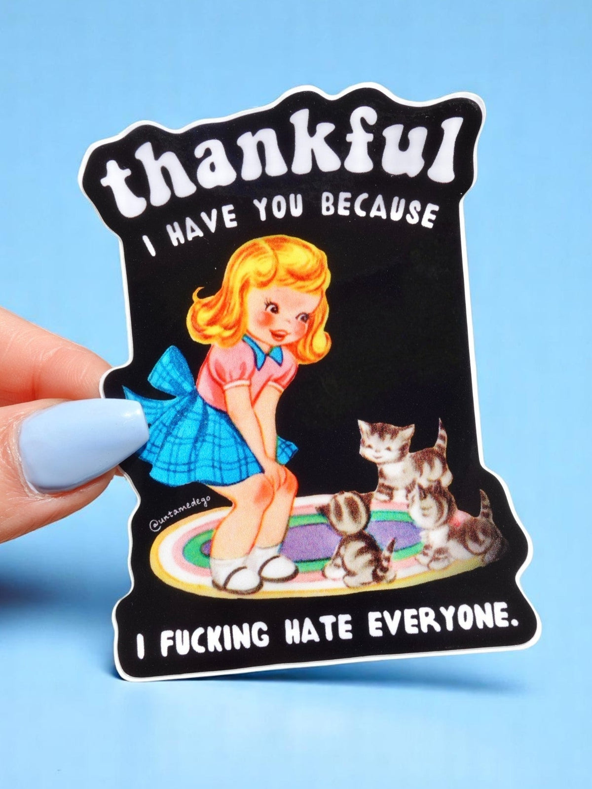 Funny Thankful cat sticker, black with red-haired woman, cats, rainbow, and 'I have you because' text