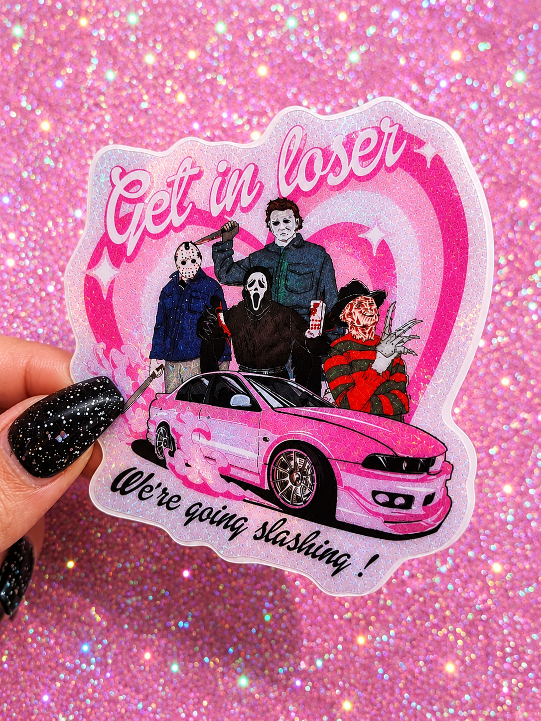 Funny Horror sticker with pink car, “Get in loser” text, and movie characters