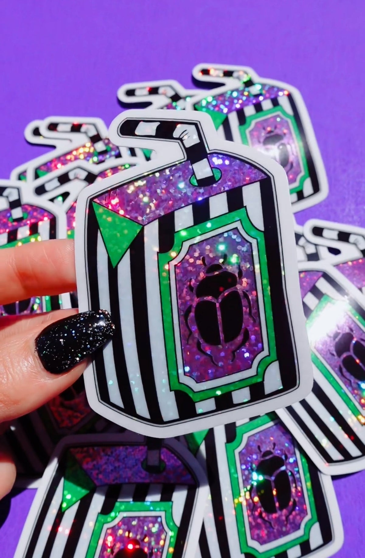 Funny Set of bottle-shaped vinyl stickers, green and purple glitter center, black outline