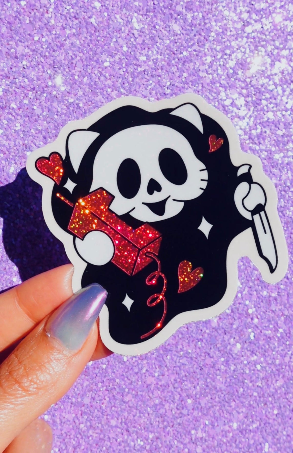 Funny Black-and-white ghost chibi glitter vinyl sticker with red sparkly bow