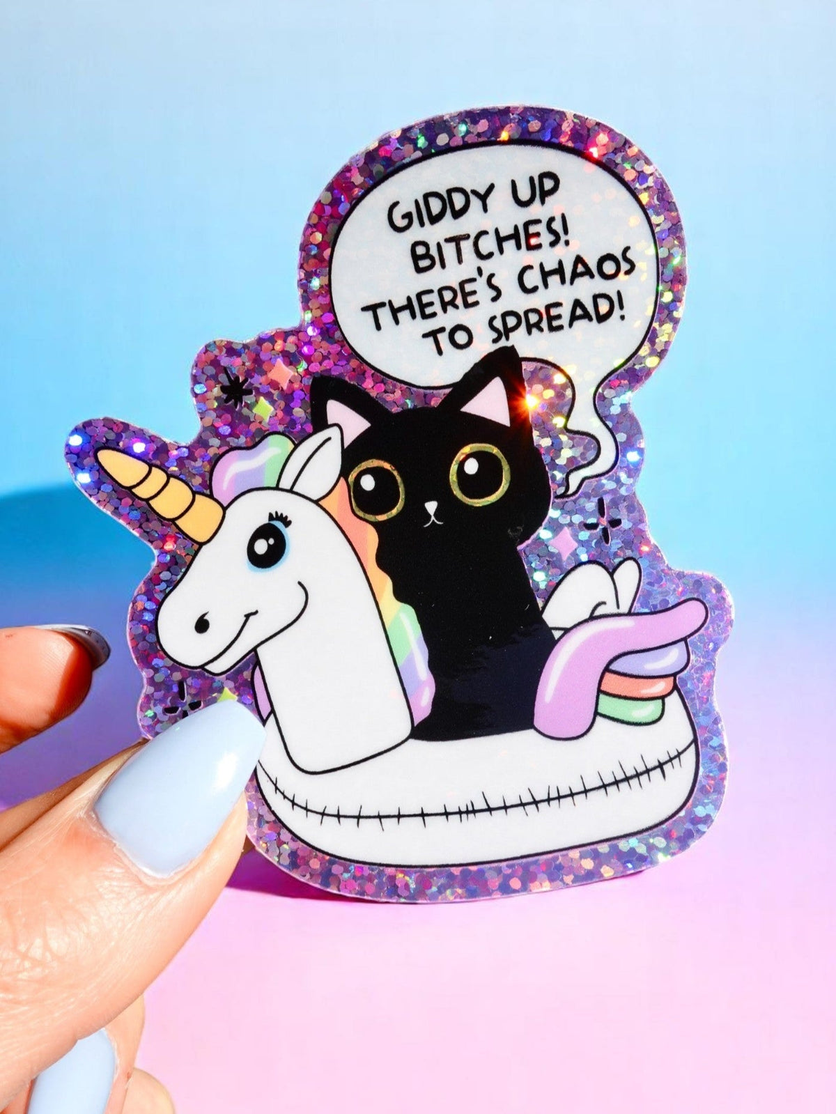 Funny Purple glitter cat and unicorn sticker, black cat holding rainbow, 'GIDDY UP' quote