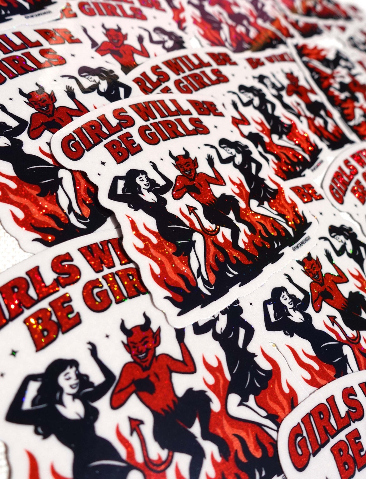 Funny Girls Will Be Girls sticker sheet pattern with flaming red silhouettes and repeated text