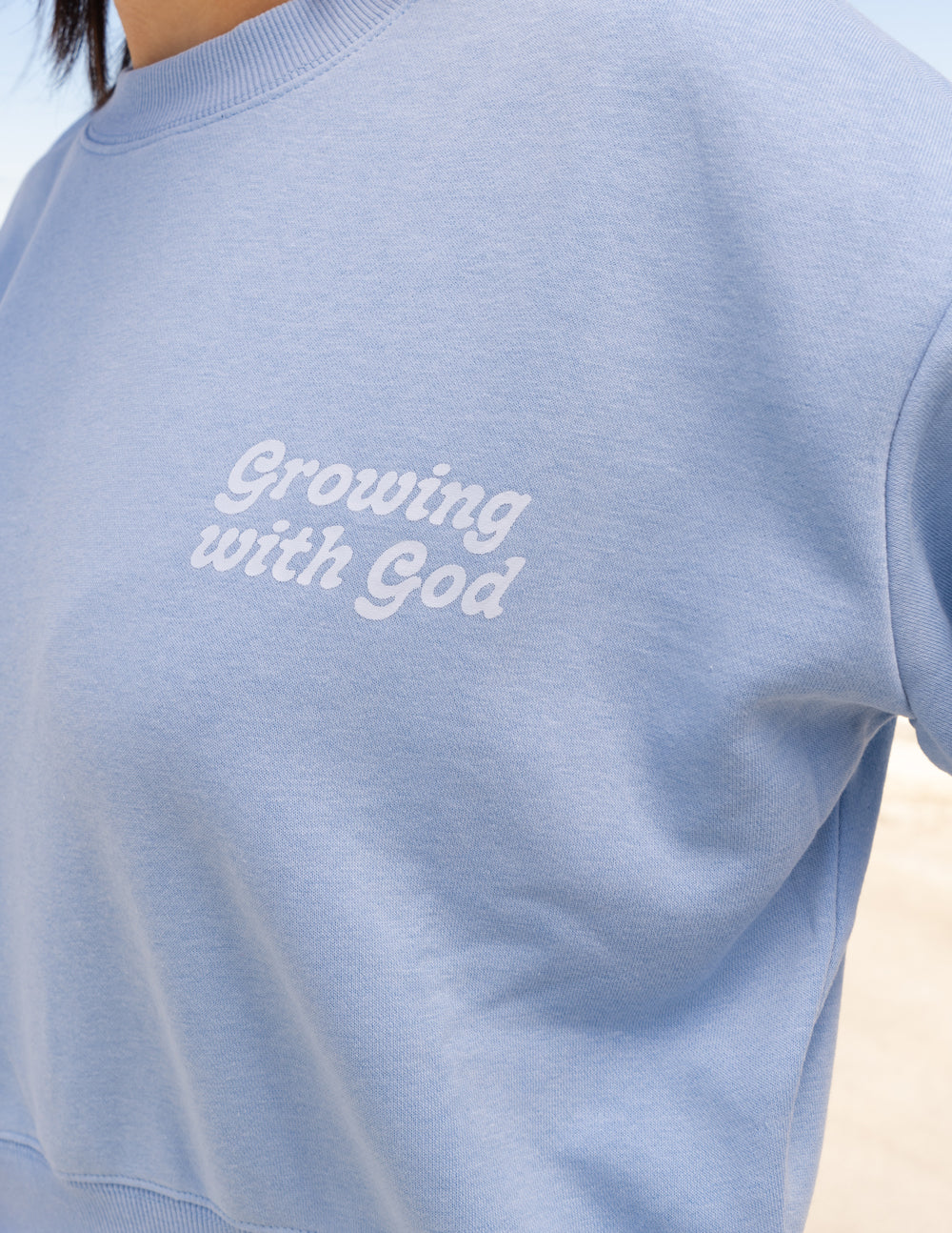 Light blue Christian Crewneck Sweatshirt with 'Growing with God' text print for casual wear