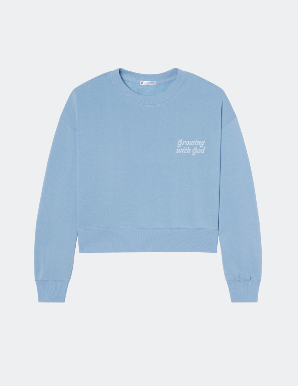 Elevated Faith Christian Crewneck Sweatshirt in light blue with 'Growing with God' text on front