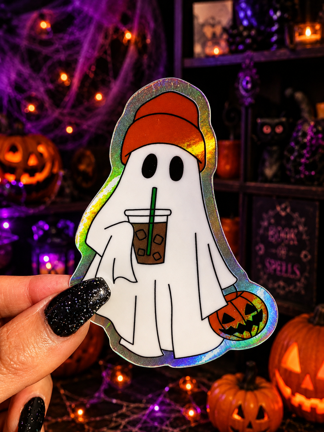 Funny Halloween ghost sticker with orange witch hat holding jack-o'-lantern bag