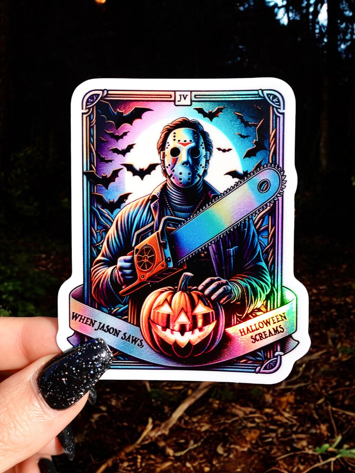 Funny Holographic tarot card sticker with masked jester, sword and jack-o'-lantern