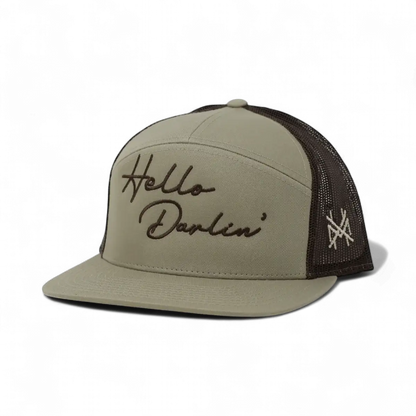 Hello Darlin Funny Embroidered Snapback Hat in 7 Panel Khaki/Coffee – Ivy + Cloth