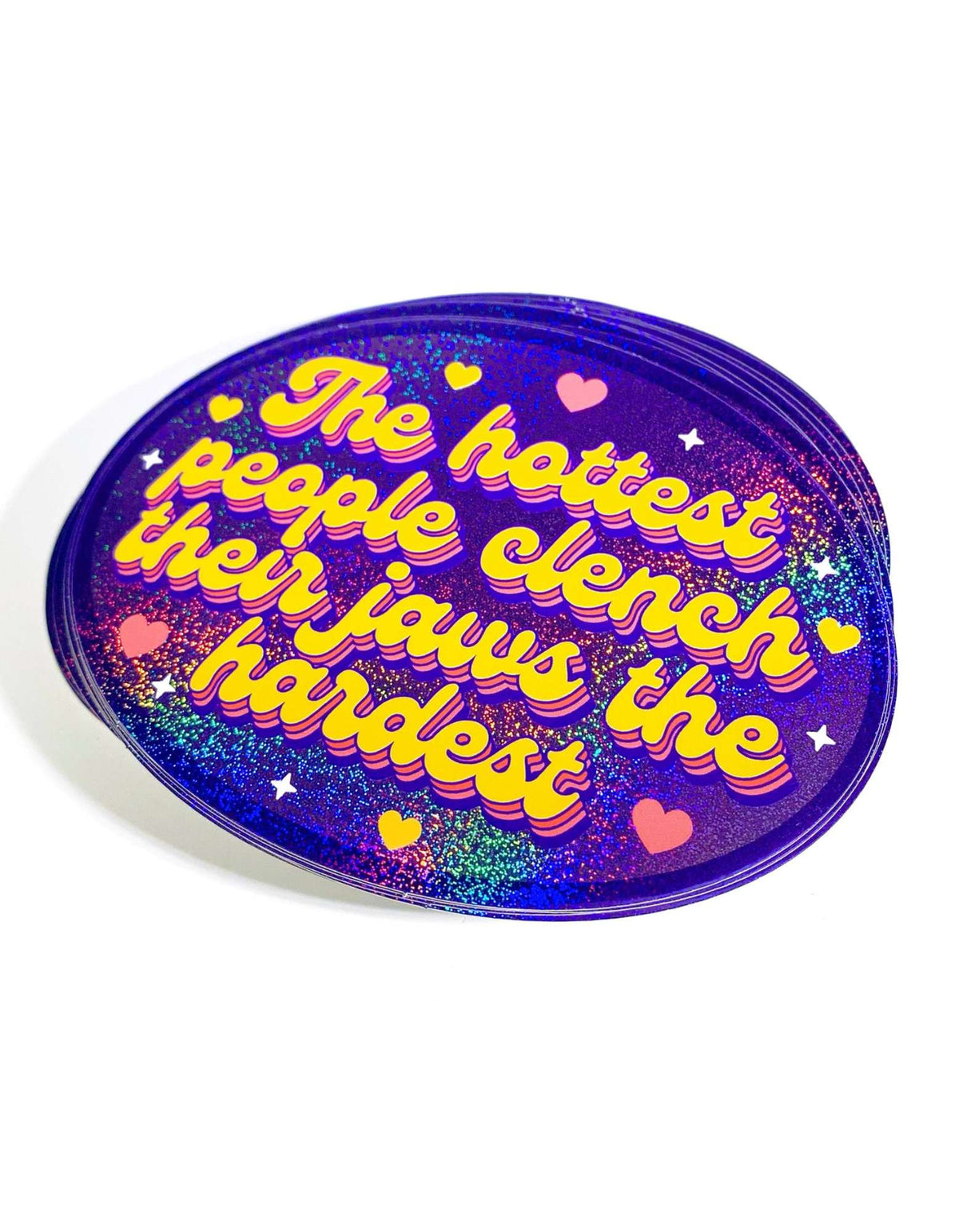 Funny Holographic glitter oval sticker, purple-blue gradient with yellow text "The hottest people..."