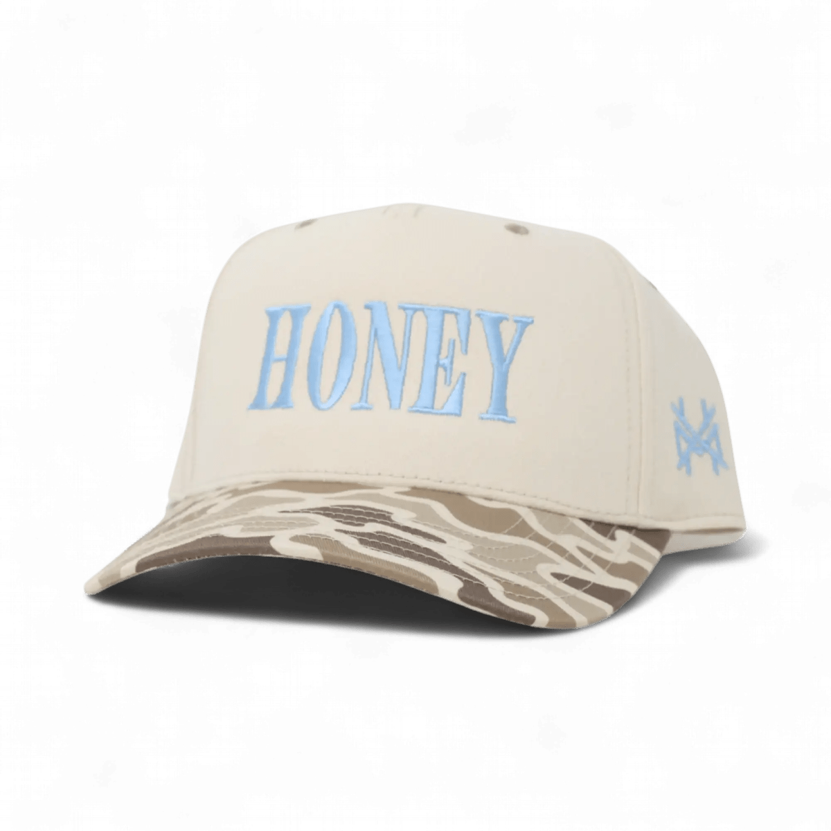 Honey Funny Embroidered Snapback Hat in Retro Field Camo/Natural with Blue Thread – Ivy + Cloth