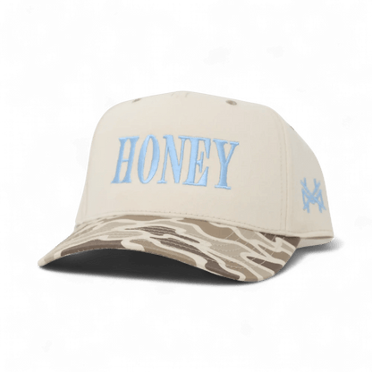 Honey Funny Embroidered Snapback Hat in Retro Field Camo/Natural with Blue Thread – Ivy + Cloth