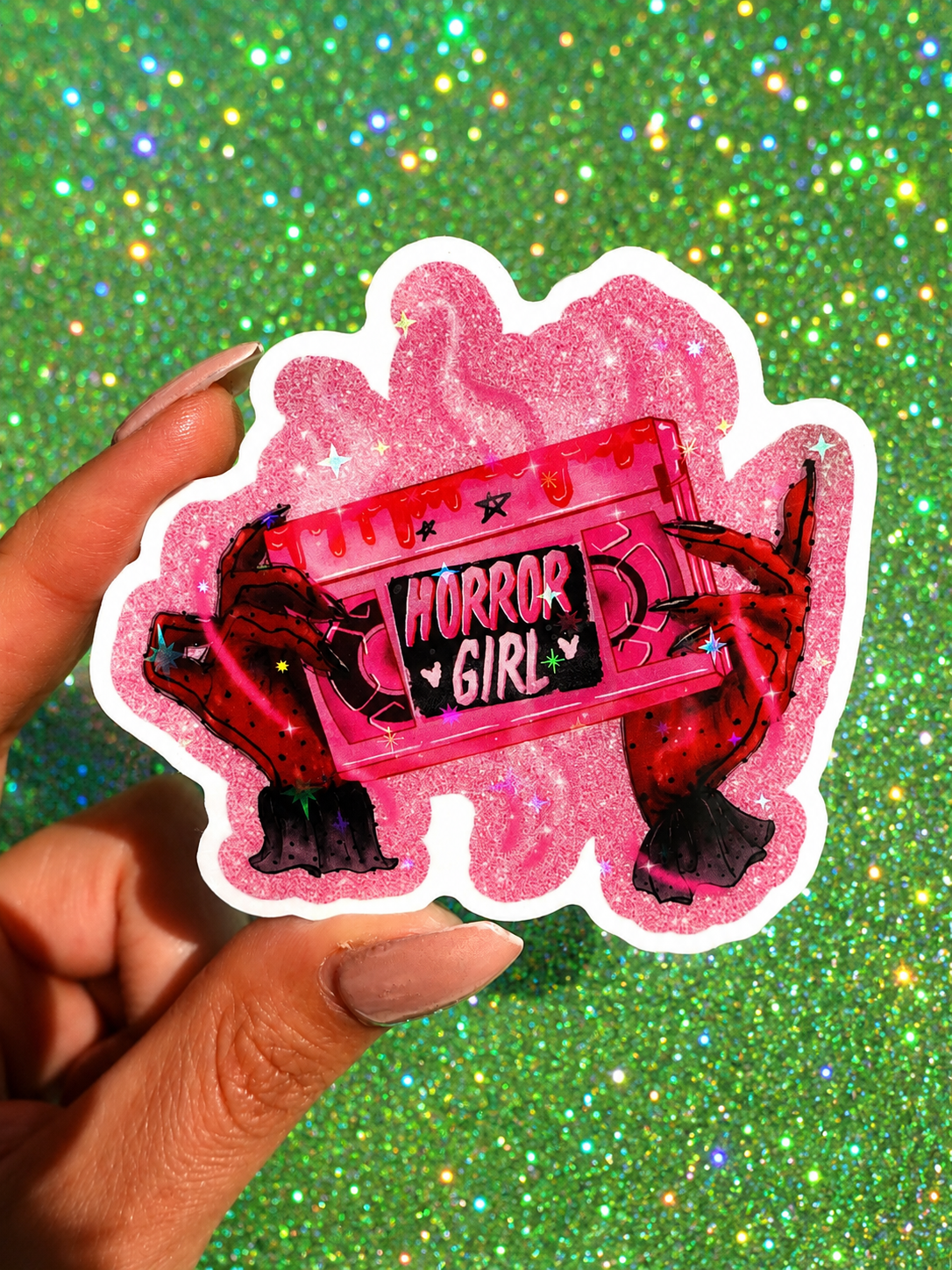 Funny Pink glitter sticker with 'HORROR GIRL' graphic and red ticket design