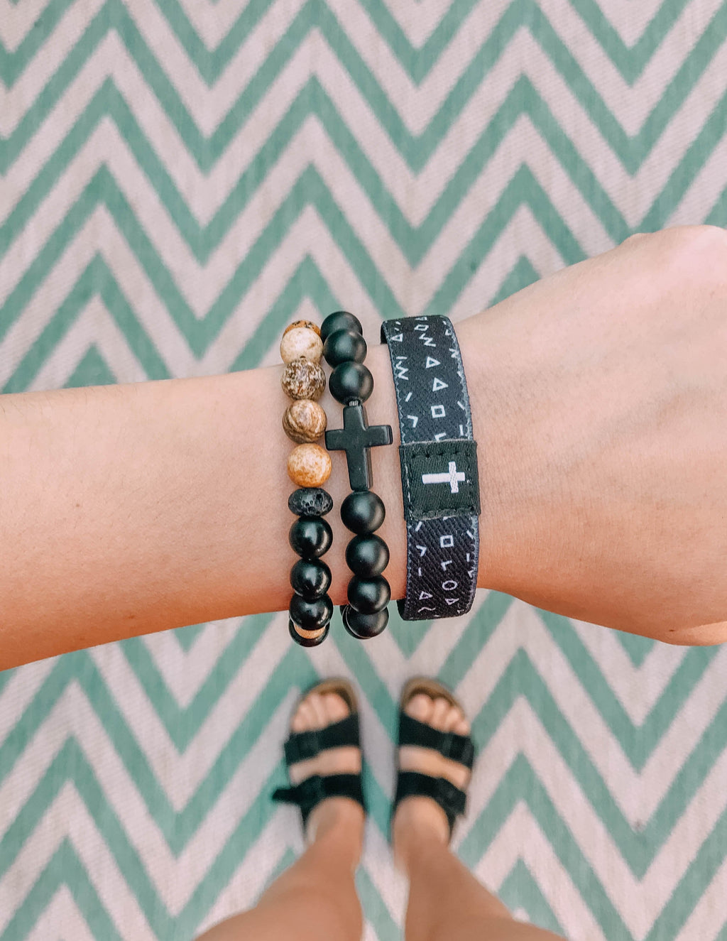 Stylish stone bracelet set featuring a Christian Jewelry Bracelet with cross accents and natural stones