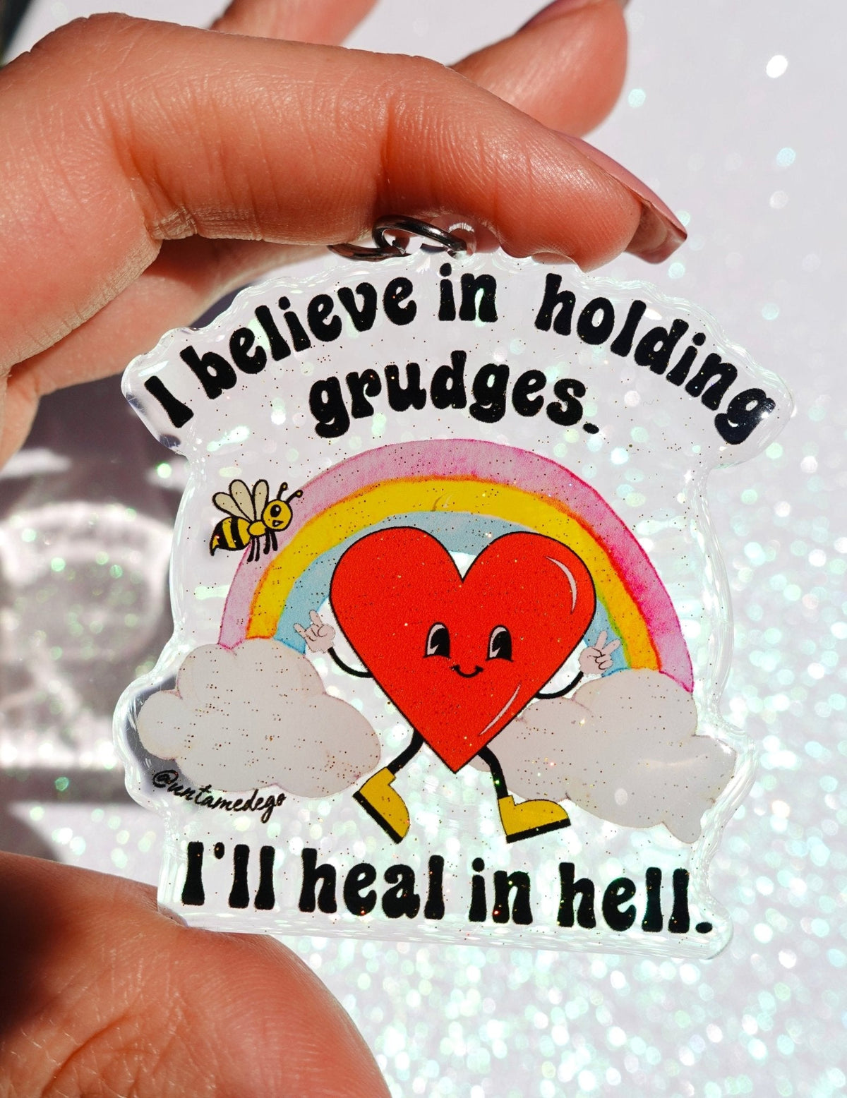Funny Heart keychain charm with red alien, rainbow, clouds, and quote text
