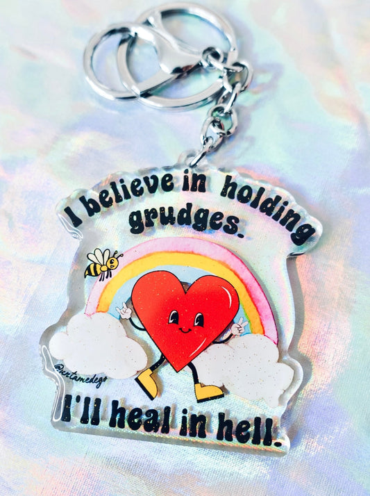 Funny Silver keychain ring on heart charm with red alien, rainbow, clouds, and quote text