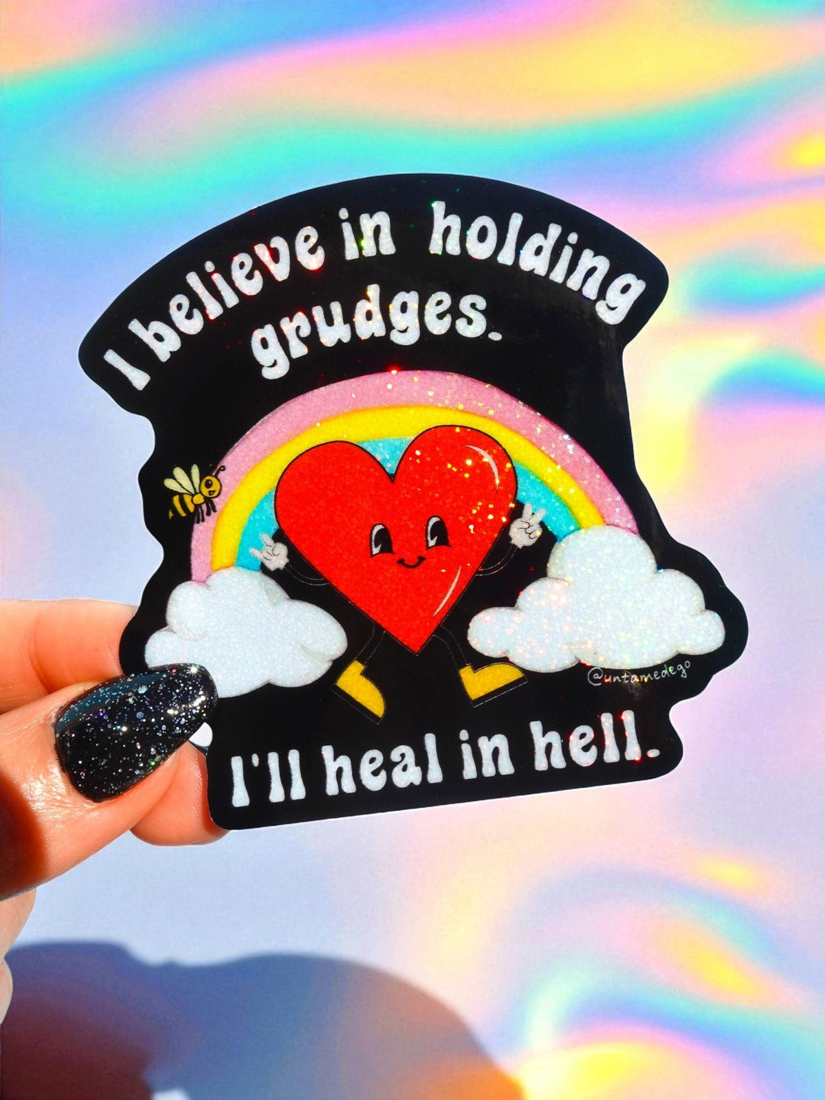 Funny Heart-shaped devil sticker with rainbow, clouds, and text: 'I’ll heal in hell'.