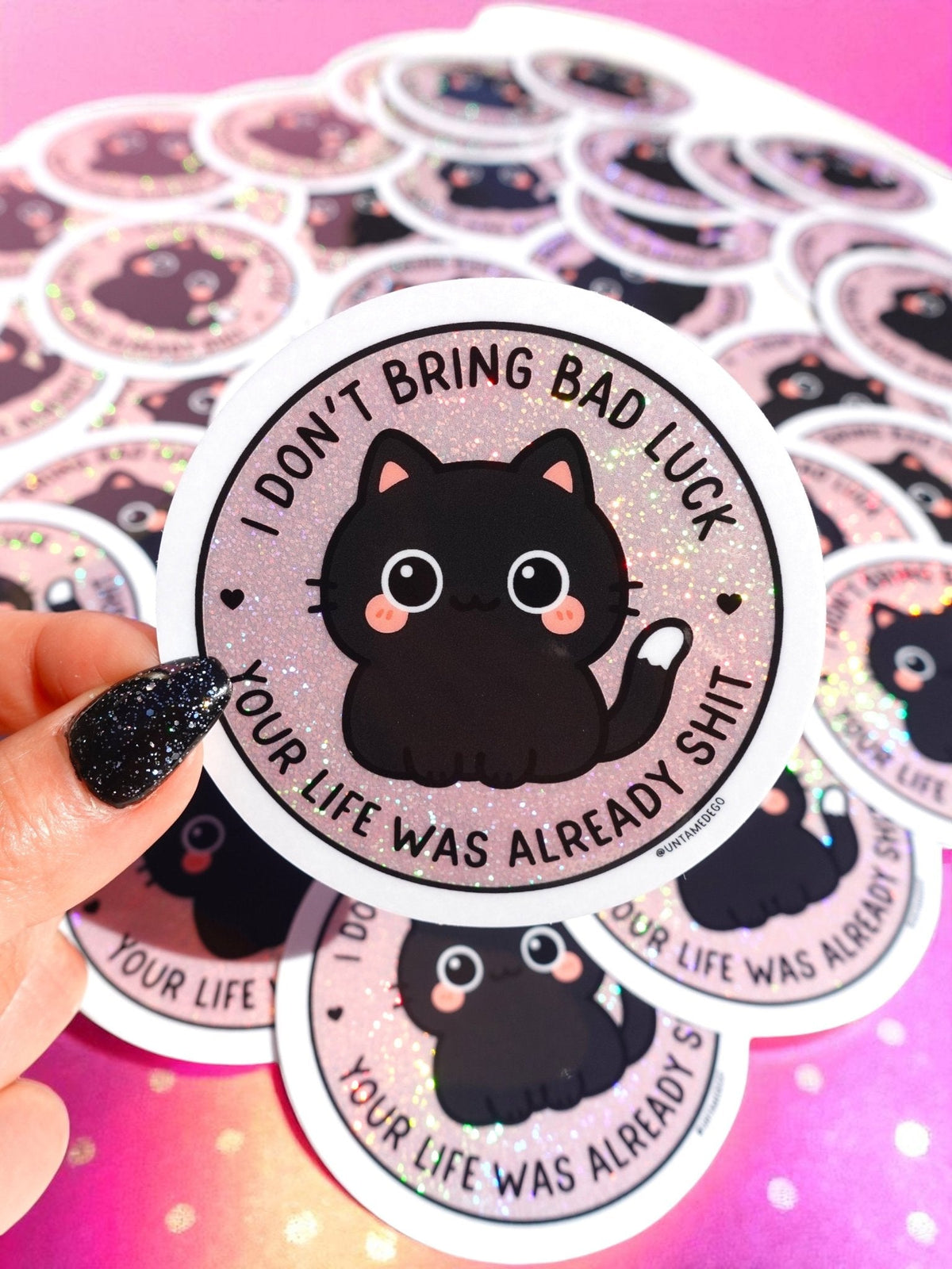 Funny Set of round black cat luck stickers with glitter lettering and white border