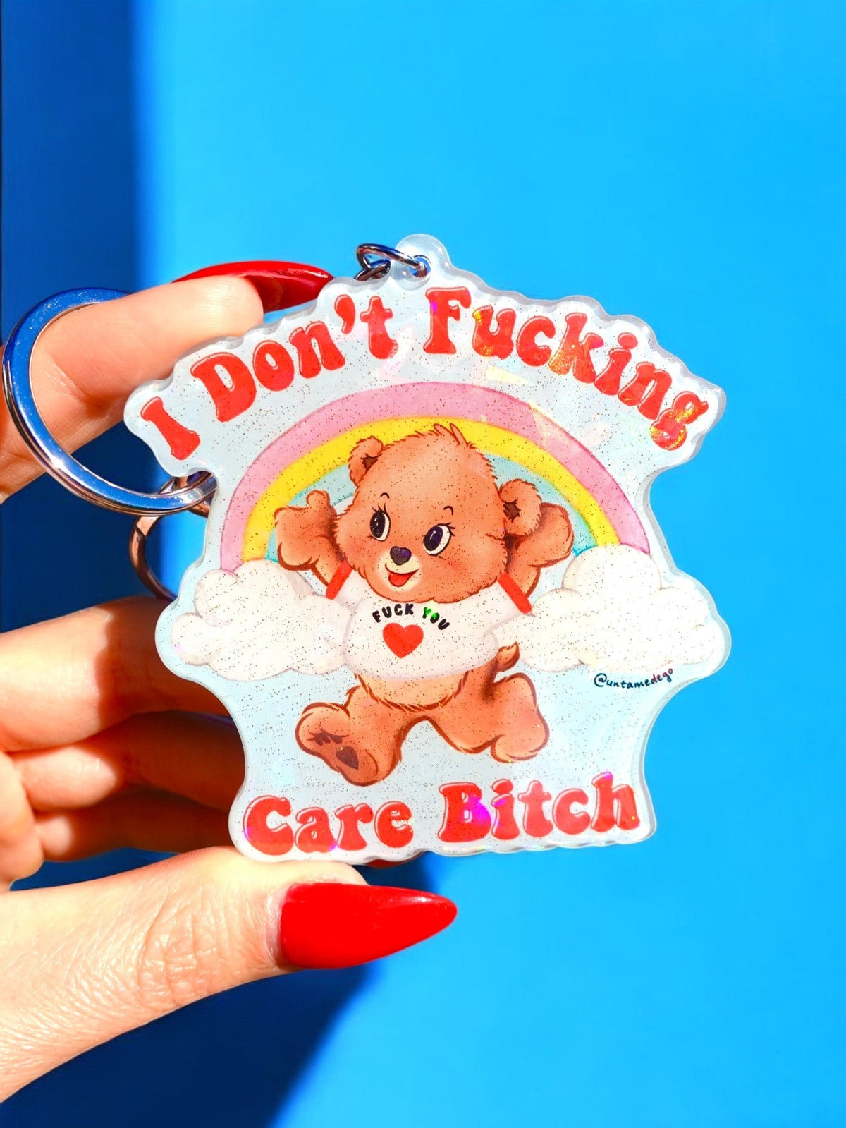Funny Holographic keychain: teddy bears on rainbow with 'Care Bitch' text