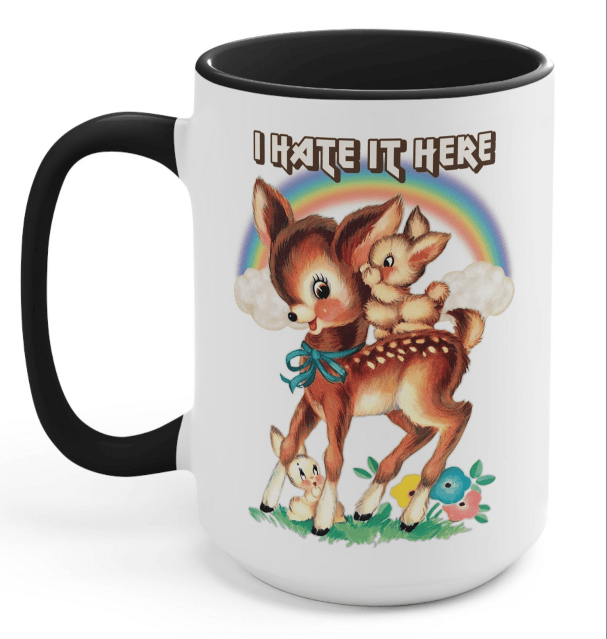 Funny "I Hate It Here" — White mug with black handle, 'I HATE IT HERE' text and fox trio illustration