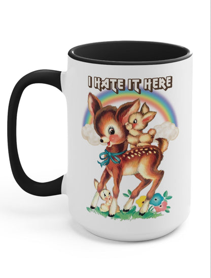 Funny "I Hate It Here" — White mug with black handle and rainbow fox graphic, 'I HATE IT HERE' text