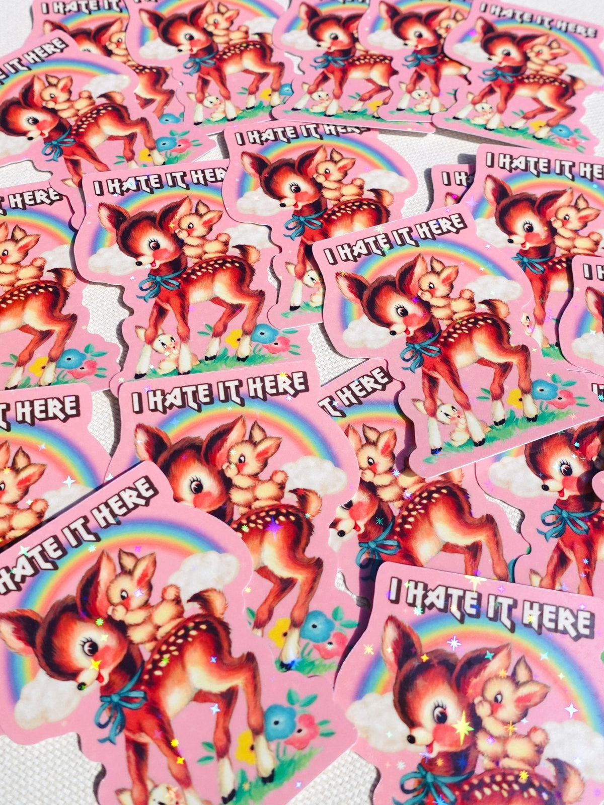 Funny Sheet of cartoon fox 'I HATE IT HERE' stickers with rainbow clouds and sparkles