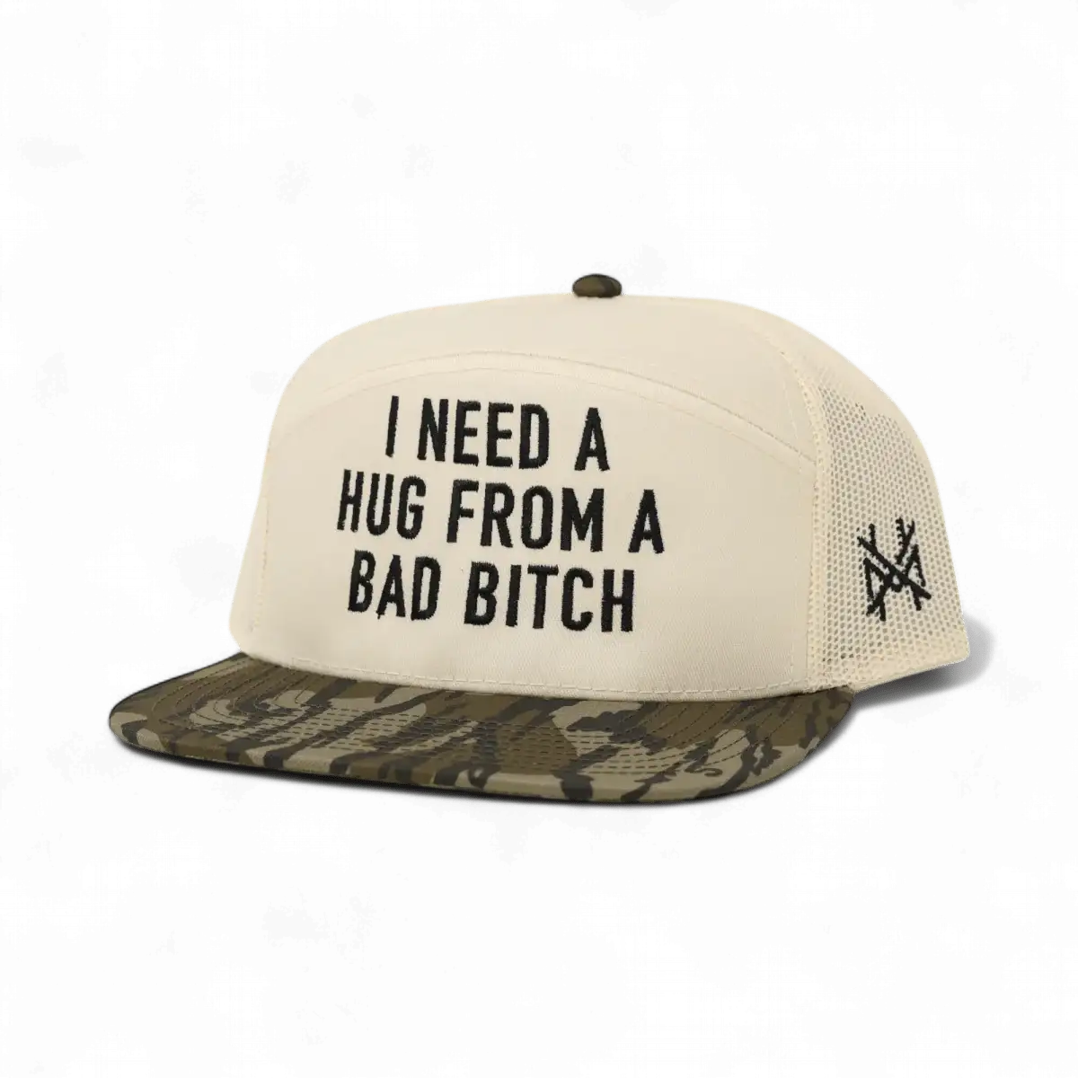 I Need A Hug From A Bad Bitch Funny Embroidered Snapback Hat in 7 Panel Bottomland/Natural – Ivy + Cloth