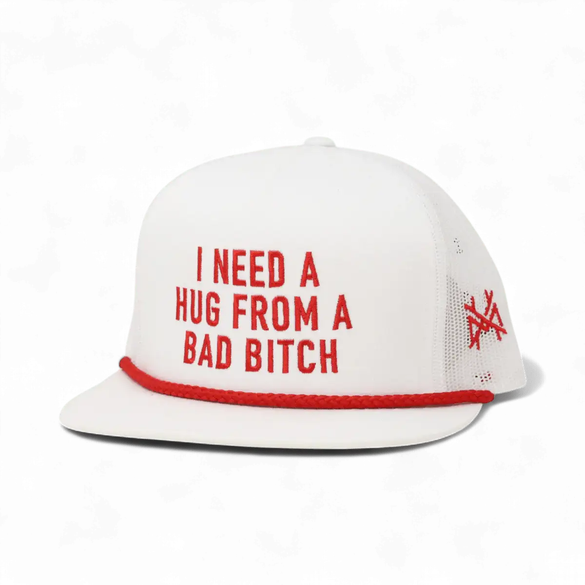I Need A Hug From A Bad Bitch Funny Embroidered Snapback Hat in Flat Bill White with Red Rope – Ivy + Cloth