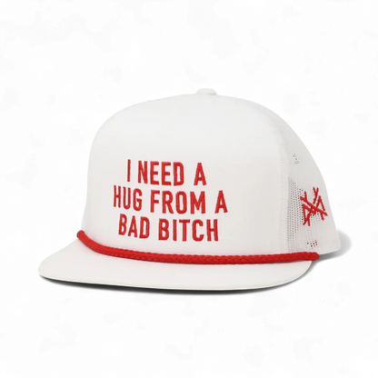 I Need A Hug From A Bad Bitch Funny Embroidered Snapback Hat in Flat Bill White with Red Rope – Ivy + Cloth