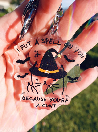 Funny Cat wizard acrylic keychain with metal ring, "BECAUSE YOU'RE A CUNT"