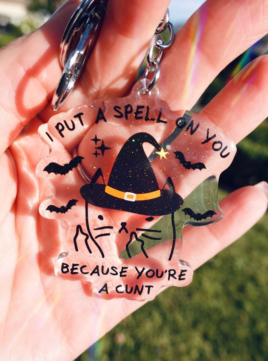 Funny Cat wizard acrylic keychain with metal ring, "BECAUSE YOU'RE A CUNT"
