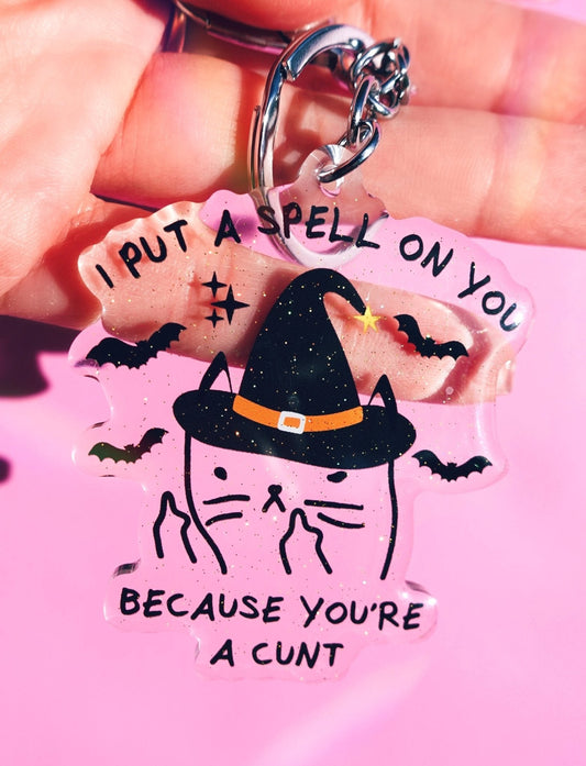 Funny Cat wizard acrylic keychain with metal clasp, "I PUT A SPELL ON YOU"
