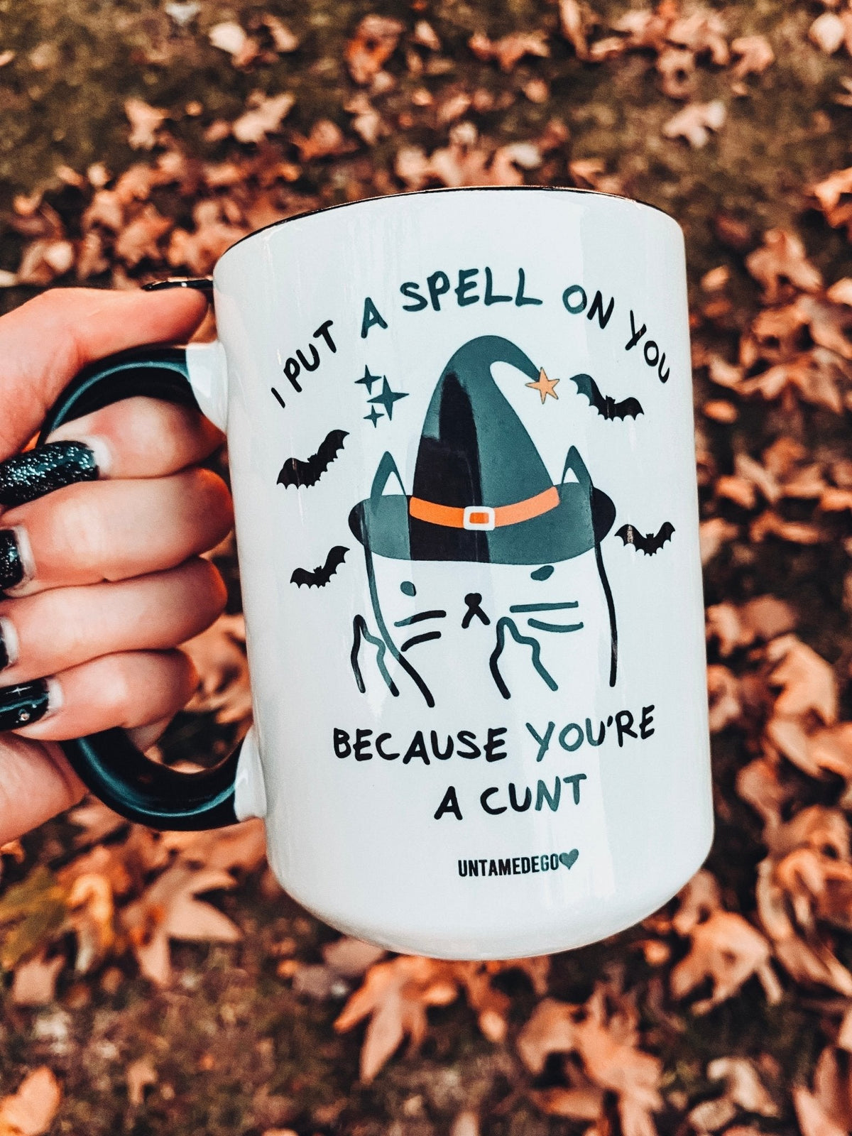 Funny "I Put A Spell On You Mean Kitty Halloween" — White Halloween mug with black cat witch hat and 'I PUT A SPELL ON YOU' text