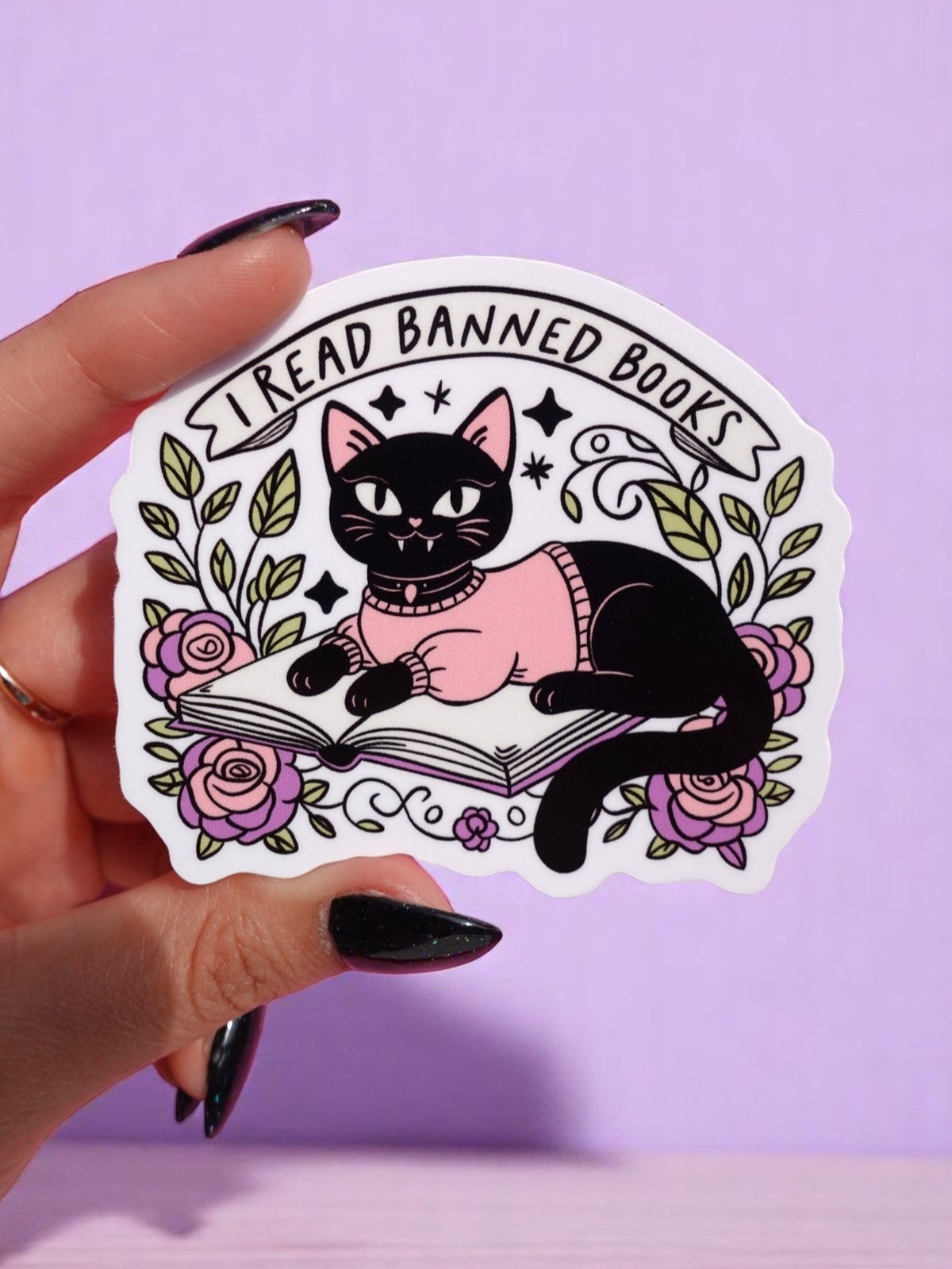 Funny Cat reading book vinyl sticker, floral roses and leaves, 'I Read Banned Books' text