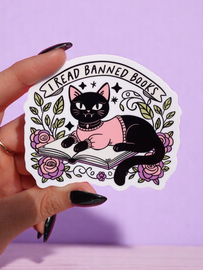 Funny Cat reading book vinyl sticker, floral roses and leaves, 'I Read Banned Books' text