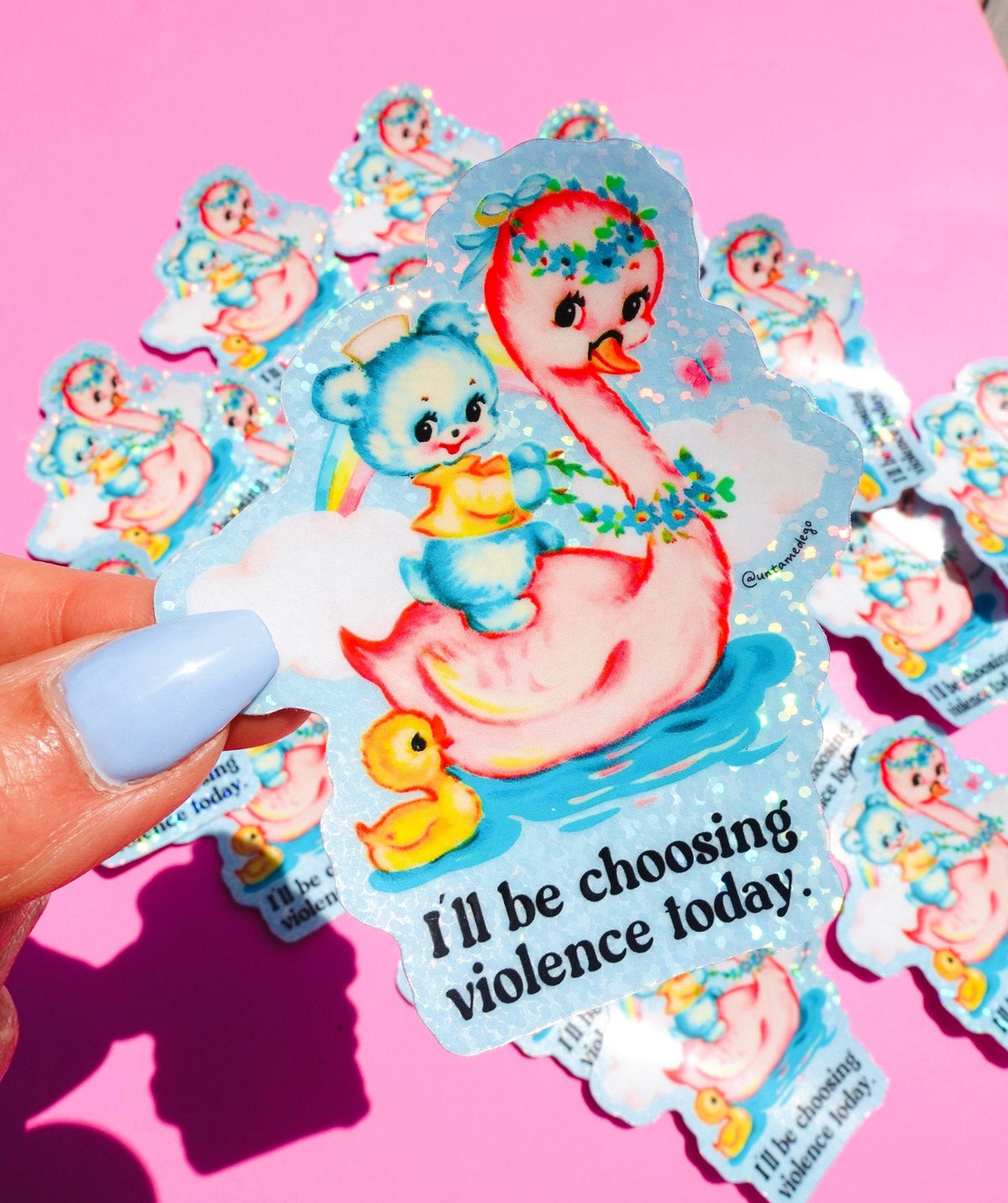 Funny Close-up of cartoon girl and blue mouse sticker with rainbow confetti and 'I'll be choosing violence today' text