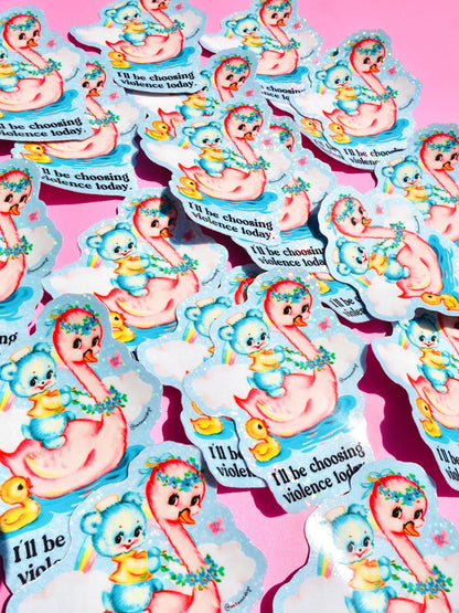 Funny Sheet of cartoon girl and mouse stickers in a repeating pattern, with 'I'll be choosing violence today' text